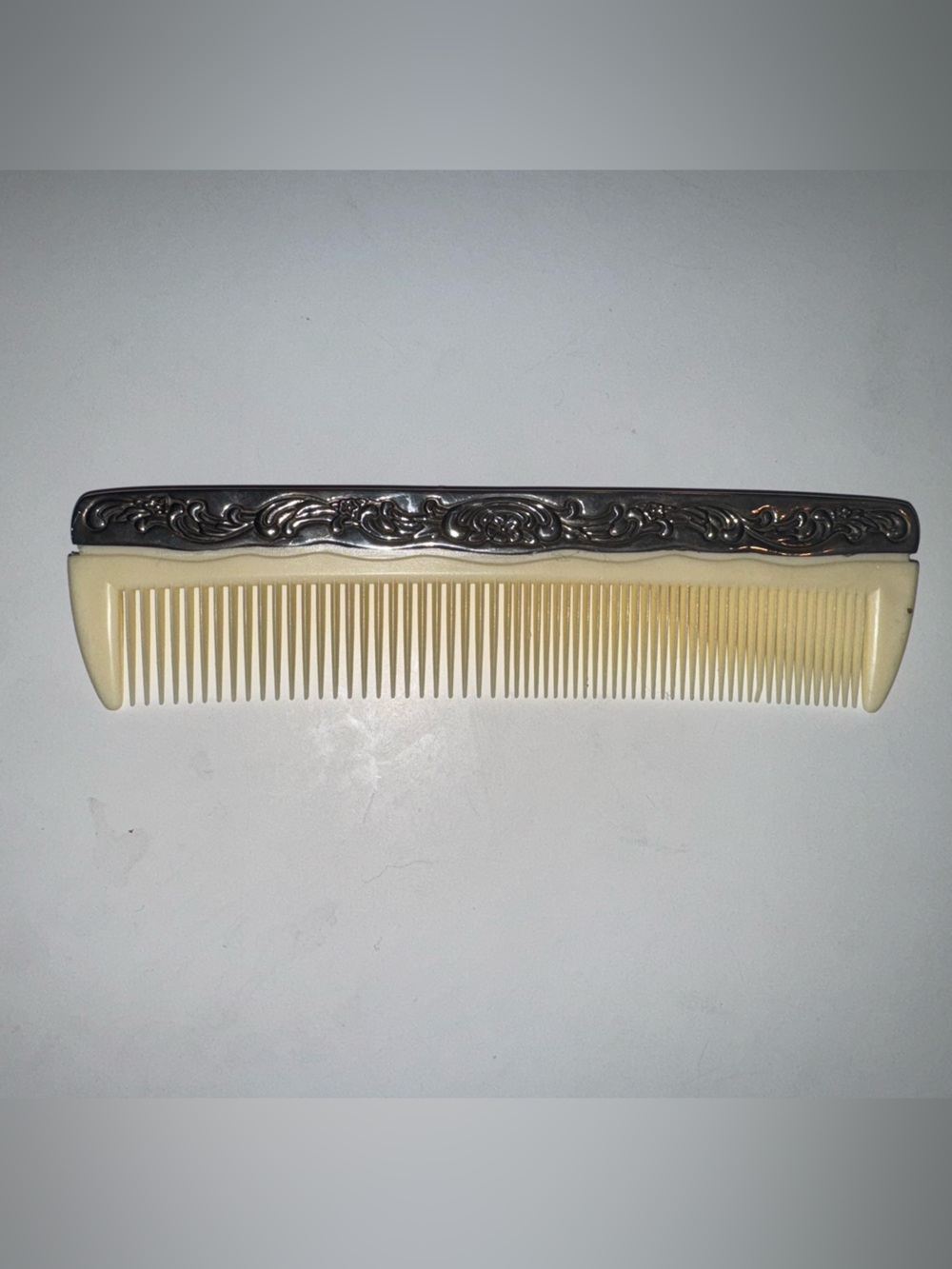 Antique Vintage Grooming Comb with Ornate Silver-Tone Edge